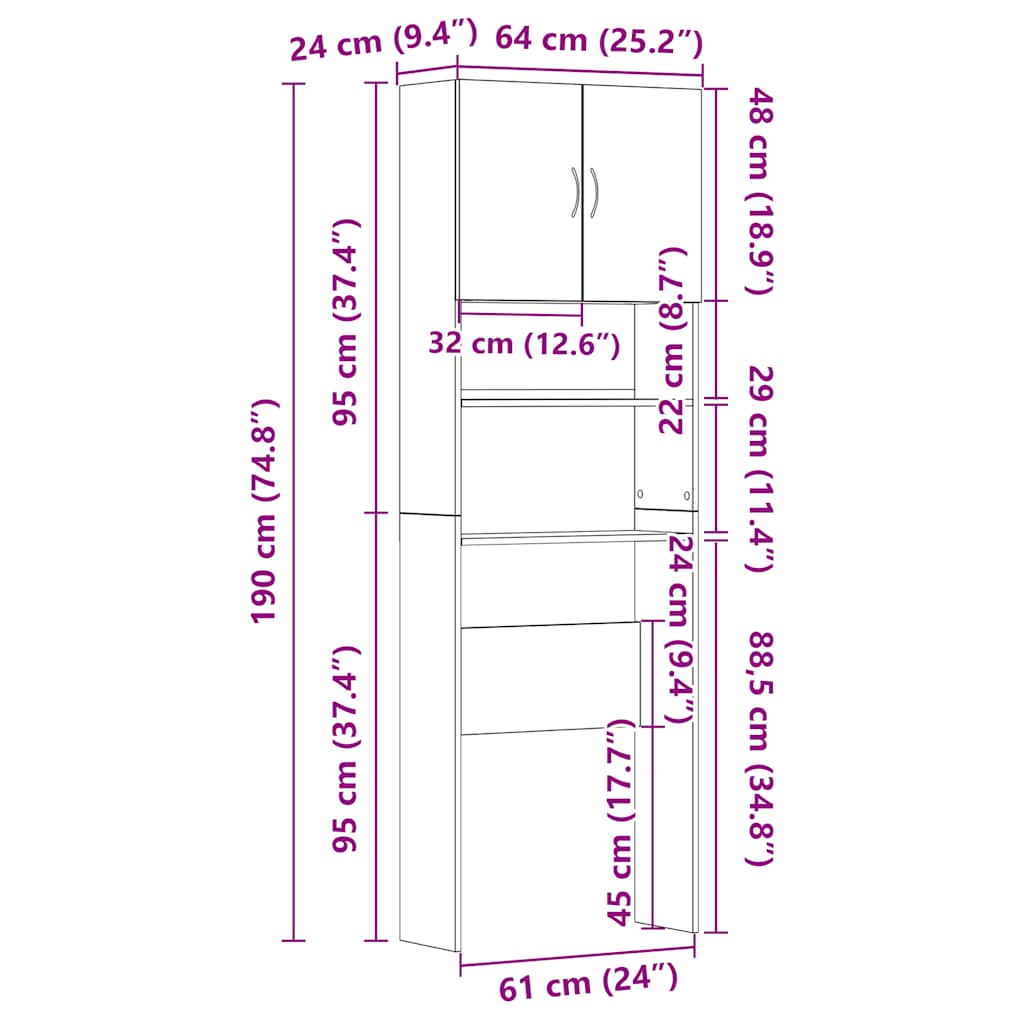 Mobile per Lavatrice Grigio Sonoma 64 x 24 x 190 cm Legno Ingegnerizzato