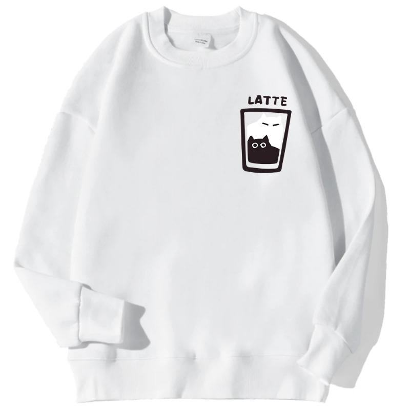 Cat Latte Cartoon Design Men Sweatshirt Fashion Casual Hooded Vintage Loose Hoodies Korean Fleece Clothing Pullovers & Long Sleeves Men’s
