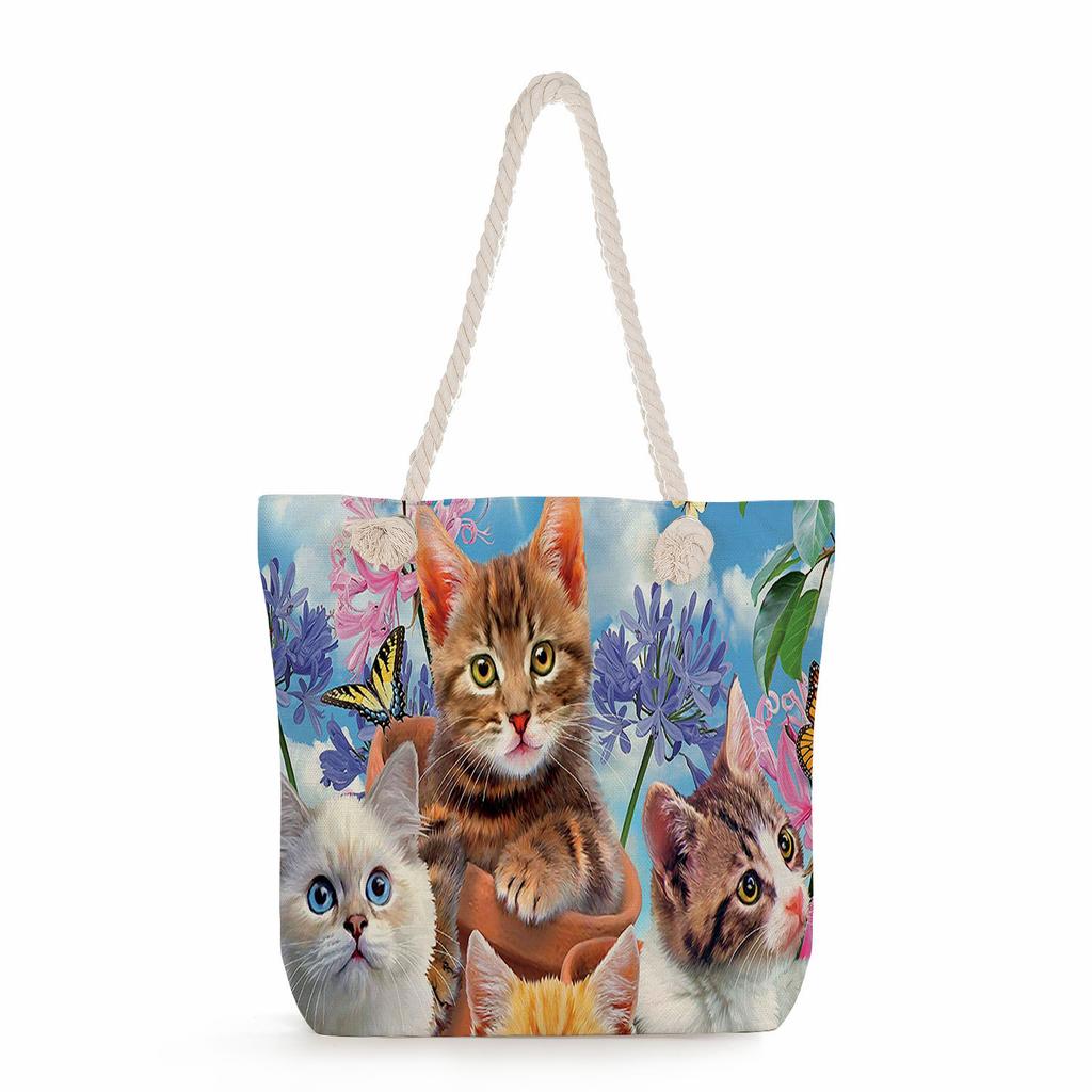 Cat print thick rope single-shoulder beach bag 7228