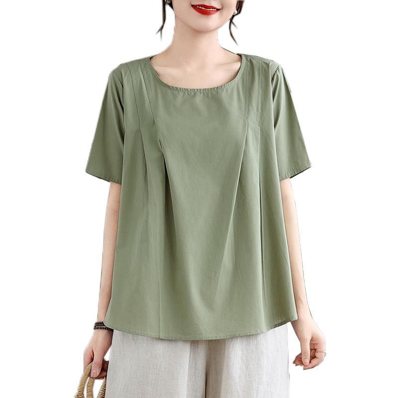 Retro Cotton Linen Short Sleeve Round Neck Top - Summer Solid Color Linen T-shirt