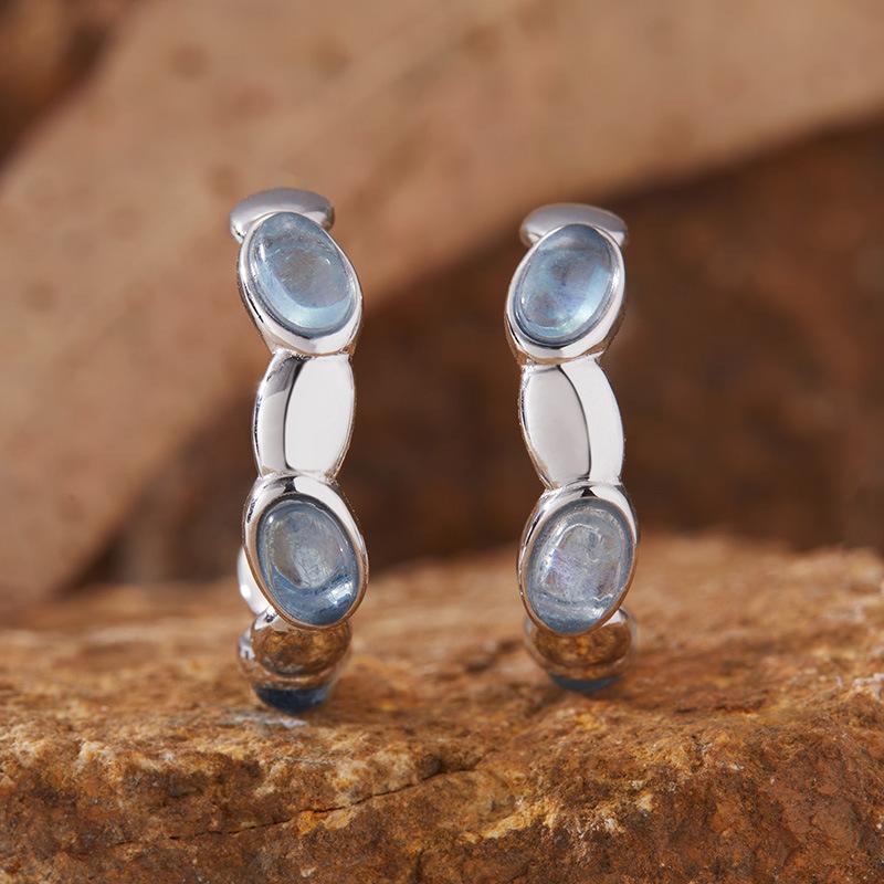 Natural Gemstone Aquamarine Stud Earrings S925 Sterling Silver Simple Fashion Treasure Xiaohongshu Earrings