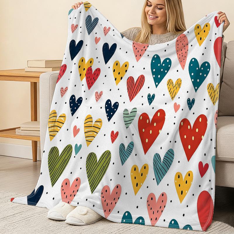 Thick Flannel Fleece Blanket Heart Pattern, Soft Cozy Colorful Design, Ideal for Home, Guest Room & Valentine’s Gift