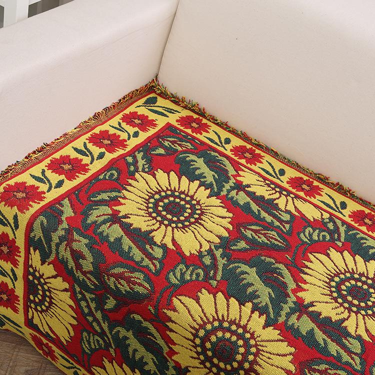 Sofa Blanket European Style Sofa Towel Red Sunflower Pattern Double-sided Three-layer Thickened Blanket