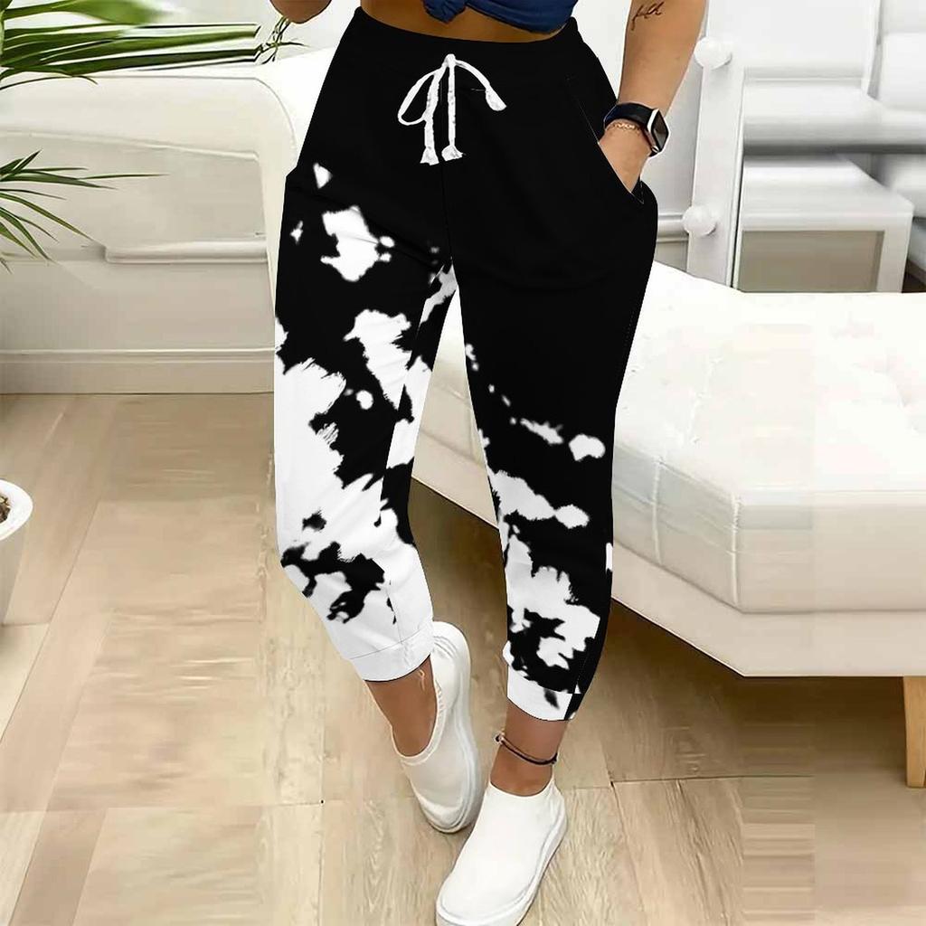 Summer Ladies Striper Printed Sweatpants Loose Fit Drawstring Joggers Elastic Cuff Daily Casual Pants