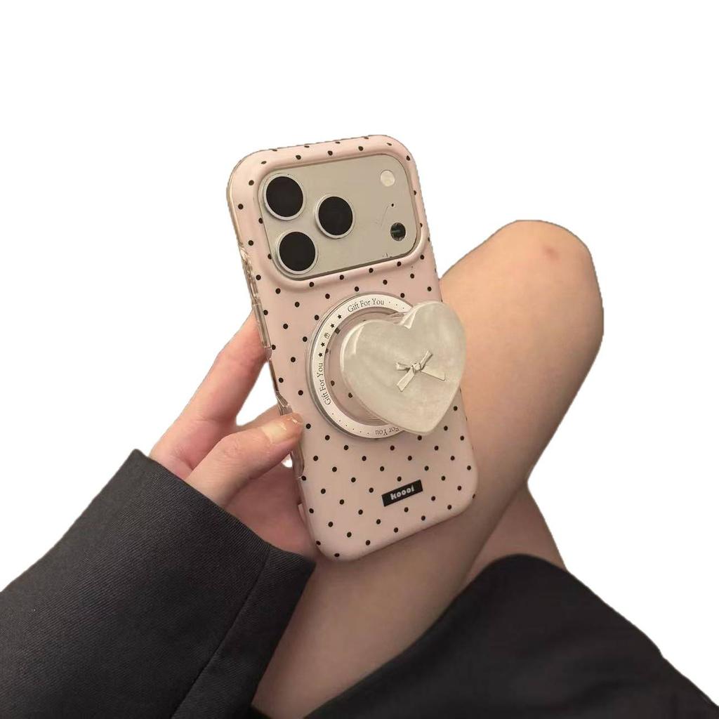 Ins Cute Pink Polka Dot Love Magnetic Suction Bracket Is Suitable for iPhone17promax Apple 16 Pro Mobile Phone Case 15.