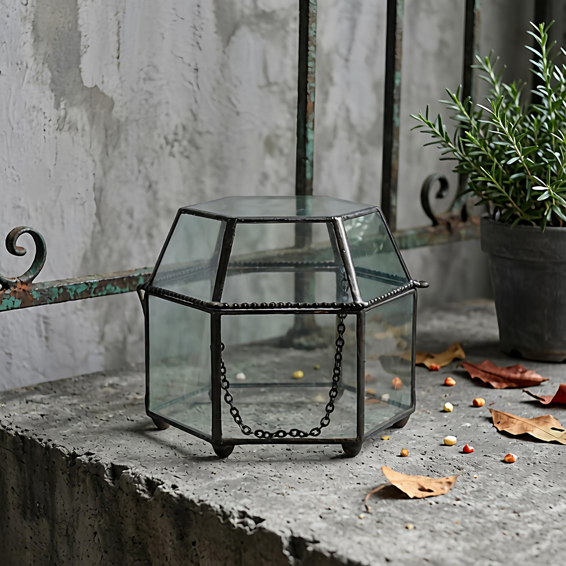 

Hexagonal Glass Jewelry Box & Micro Landscape Flower Vase 8.5x7.5x7 cm чёрный/олова