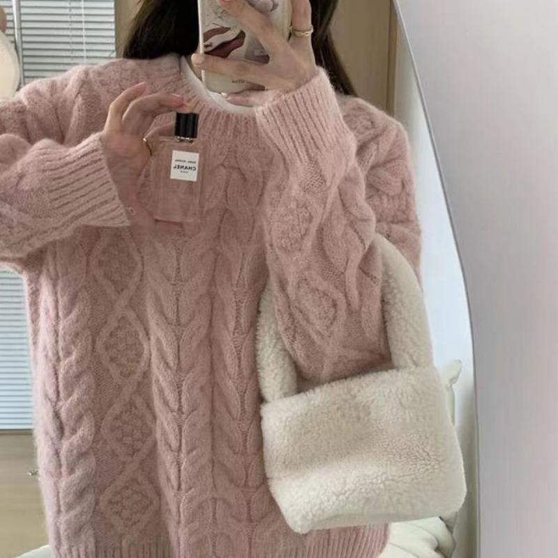 Pink Twist-Knit Pullover Sweater for Women Autumn Winter Korean Version Soft Lazy Loose Thickened Knitwear Top