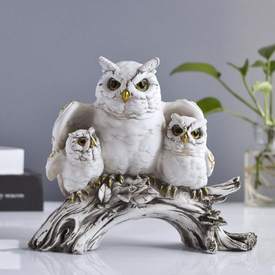 Owl Family Resin Figurines, Rustic Tree Branch Animal Statues, American Country Home Decor for Living Room TV Stand Bookshelf Bedroom, Unique
