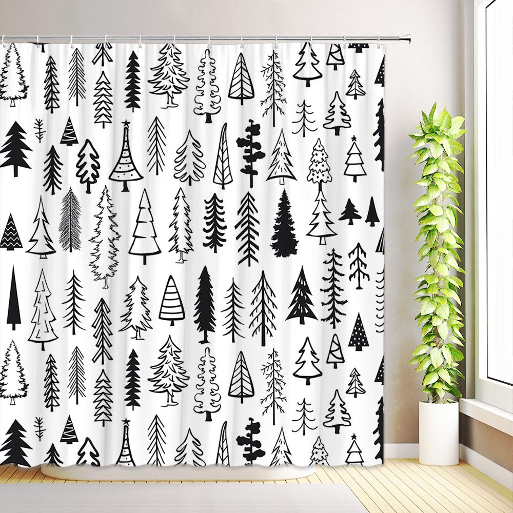Merry Christmas Shower Curtain Xmas Tree Winter Snowflake Star Pine New Year Bath Curtains Fabric Bathroom Decor with Hooks