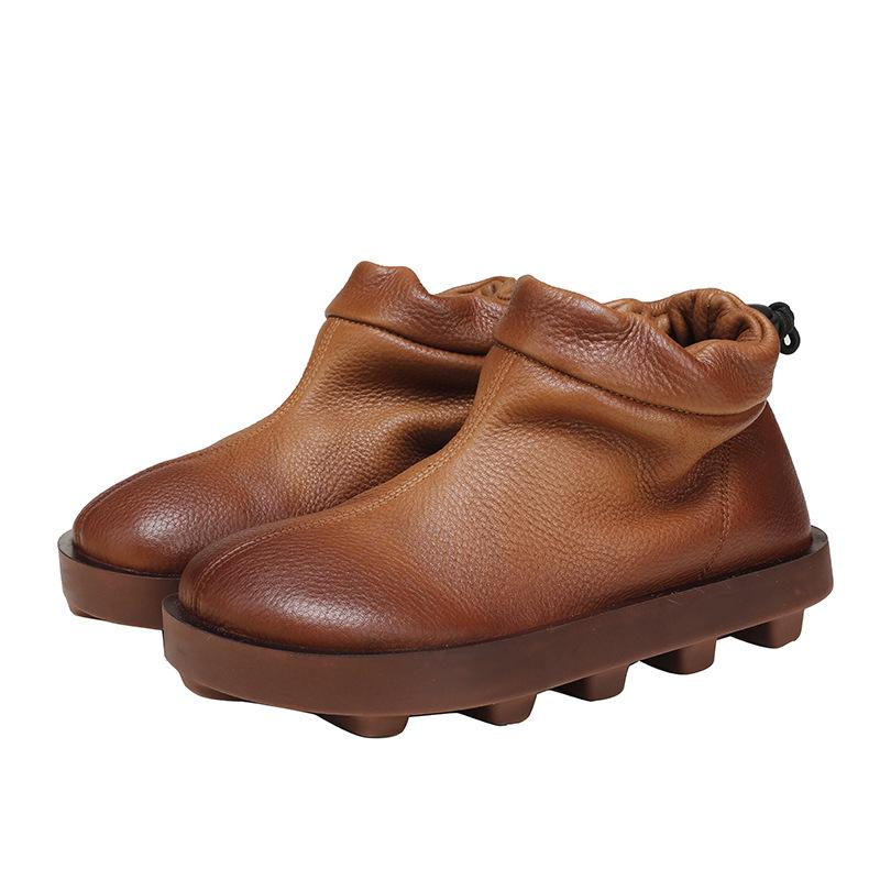 Fashion GKTINOO Genuine Leather Women Short Boots 2024 New Winter Round Toe Lace Lock Buckle Solid Color Handmade Retro Ankle Boots
