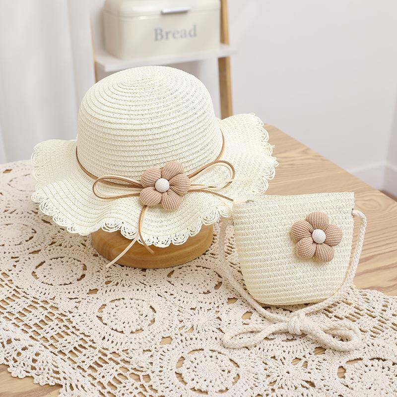 2PCS New Summer Cute Baby Girl Straw Hat Solid Color Lace RuffleKids Fisherman Outdoor Beach Caps SunshadeWide Brim Bucket Hats