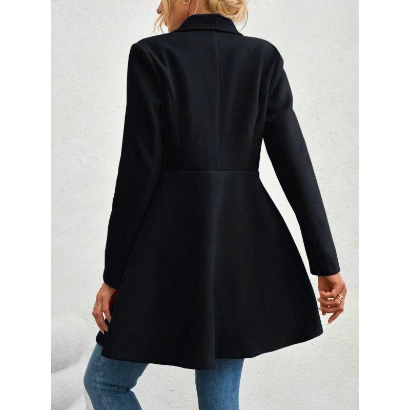 Women's Mid-Length Wool Blend Coat, Autumn Winter Wide Lapel Double Button Outerwear, Slim Fit Elegant Ladies Chic Notched Collar Overcoat