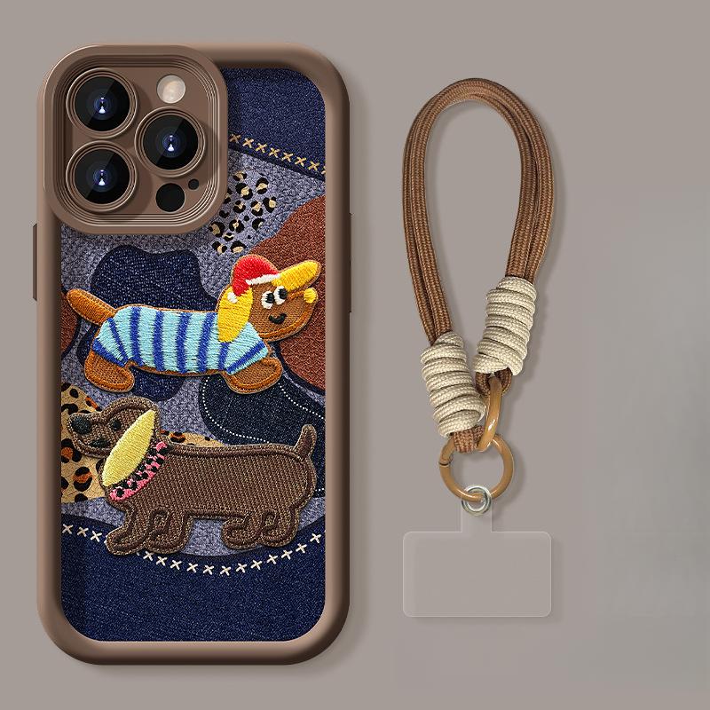 Embroidered Puppy Stand Lrope Suitable for Apple 16PRO Sheepskin Phone Case 15 Silicone XR/XS Anti-drop