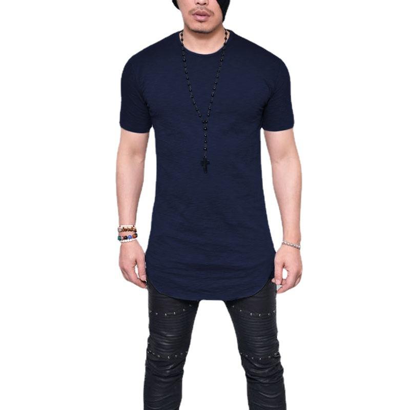 

Men Longline Curved Hem T Shirt Short Sleeve Crew Neck Solid Color Casual Streetwear Tee M темно-синього кольору
