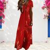 Women Plus Size V Neck Short Sleeve Printed Navy Blue Straight Maxi Dress