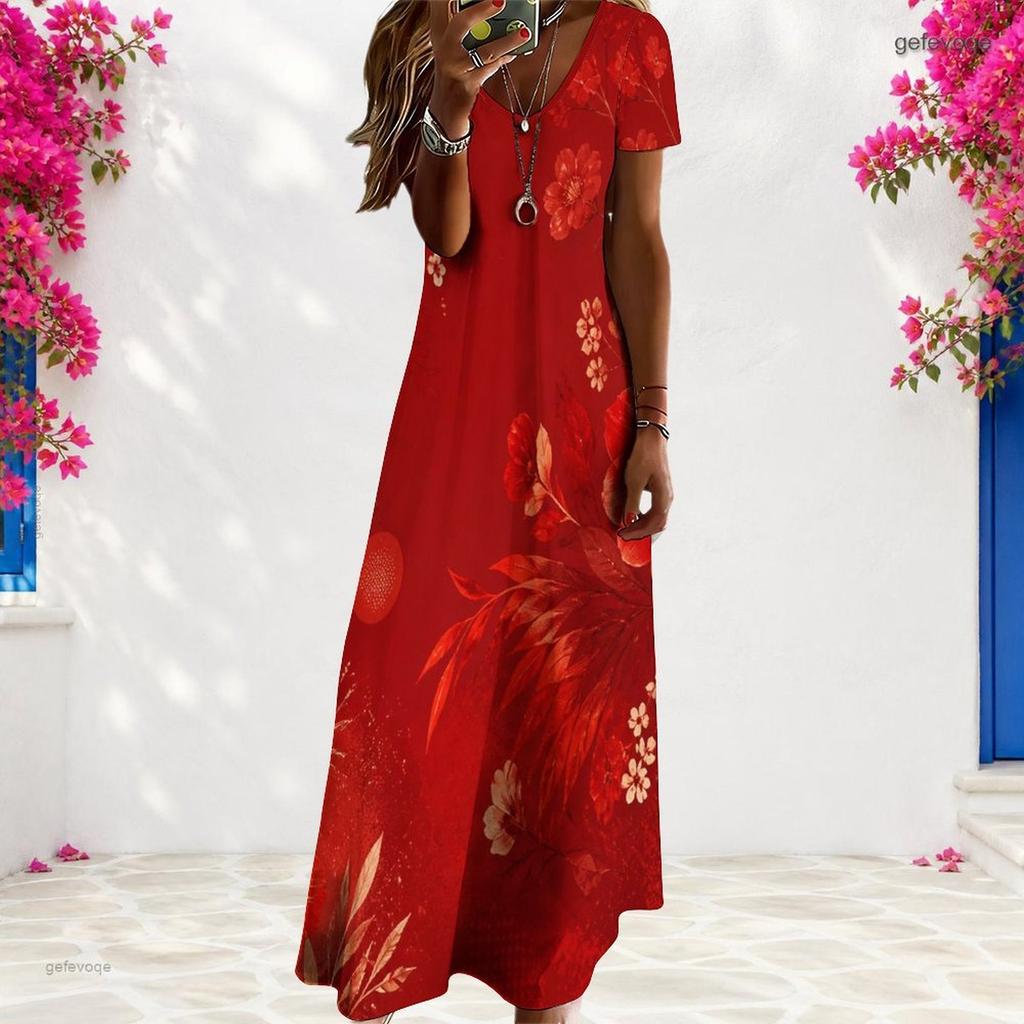 Women Plus Size V Neck Short Sleeve Printed Navy Blue Straight Maxi Dress