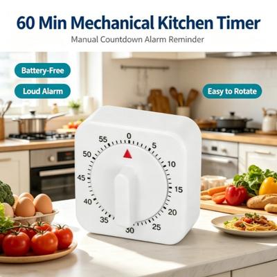 Temporizador de Cozinha Mecânico Quadrado Portátil, Alarme Lembrete de Contagem Regressiva Manual de 60 Minutos, Temporizador de Cozinha Branco de Alta Qualidade para Casa