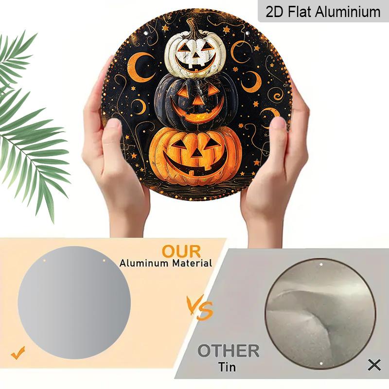 2D Flat, 1pc Round Aluminum Hanging Sign, Halloween Wall Decor-Retro Pumpkin Magic Night Metal Art with Glowing Pumpkin Lanterns, Bats And
