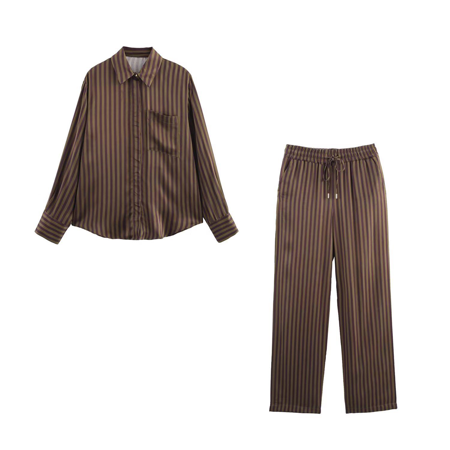 

Spring 2025 Women s Striped Silk Satin Shirt & Straight-Leg Pants Set Large