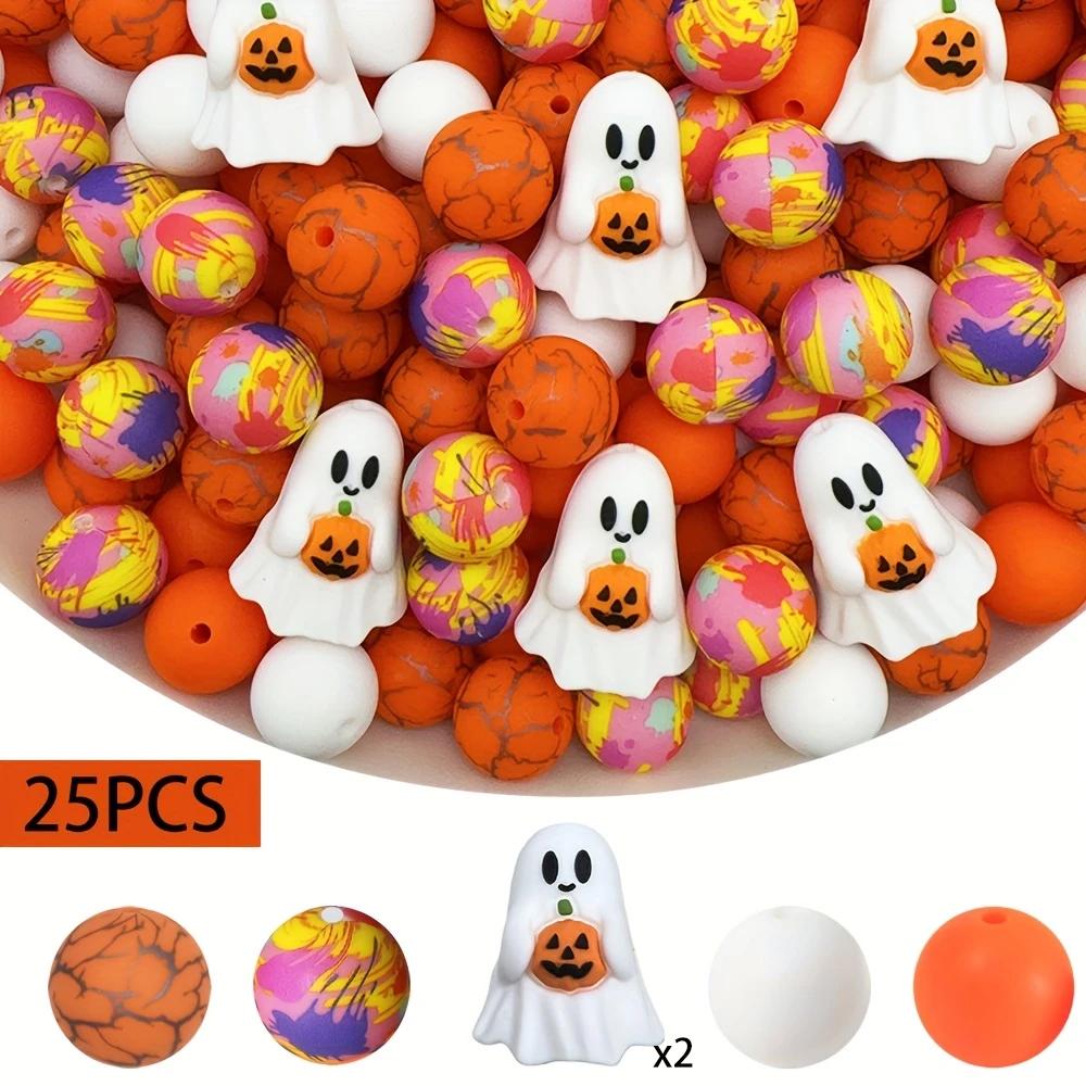 25PCS Multi-Size Halloween-Themed Silicone Beads Set, Perfect for DIY Craft Projects Like Keychains, Necklaces, Bracelets & More