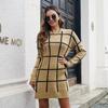 New Fall Winter Women Loose Knitted Long Sleeve Sweater Dress Plaid Contrast Color Bottoming Sizes S to L