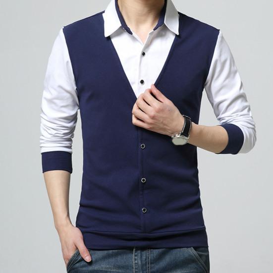 Maglia a maniche lunghe Patchwork Colorata da uomo Finto due pezzi Slim con colletto rovesciato Pullover per l'uso quotidiano