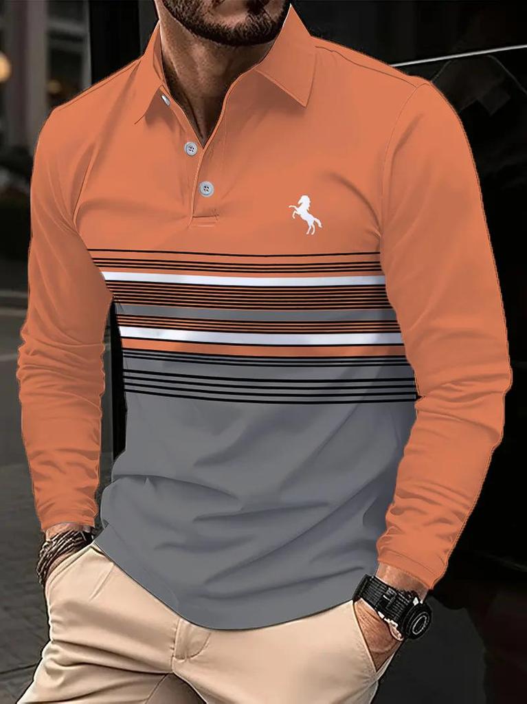 European & American Men's Striped Digital Print Polo Shirt - Business Casual, Spring/Autumn Collection