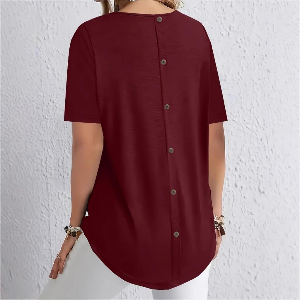 Spring Summer Solid Color T-shirt, Elegant Back Button Design, Casual Top for Women, European American Fashion Casual Wear