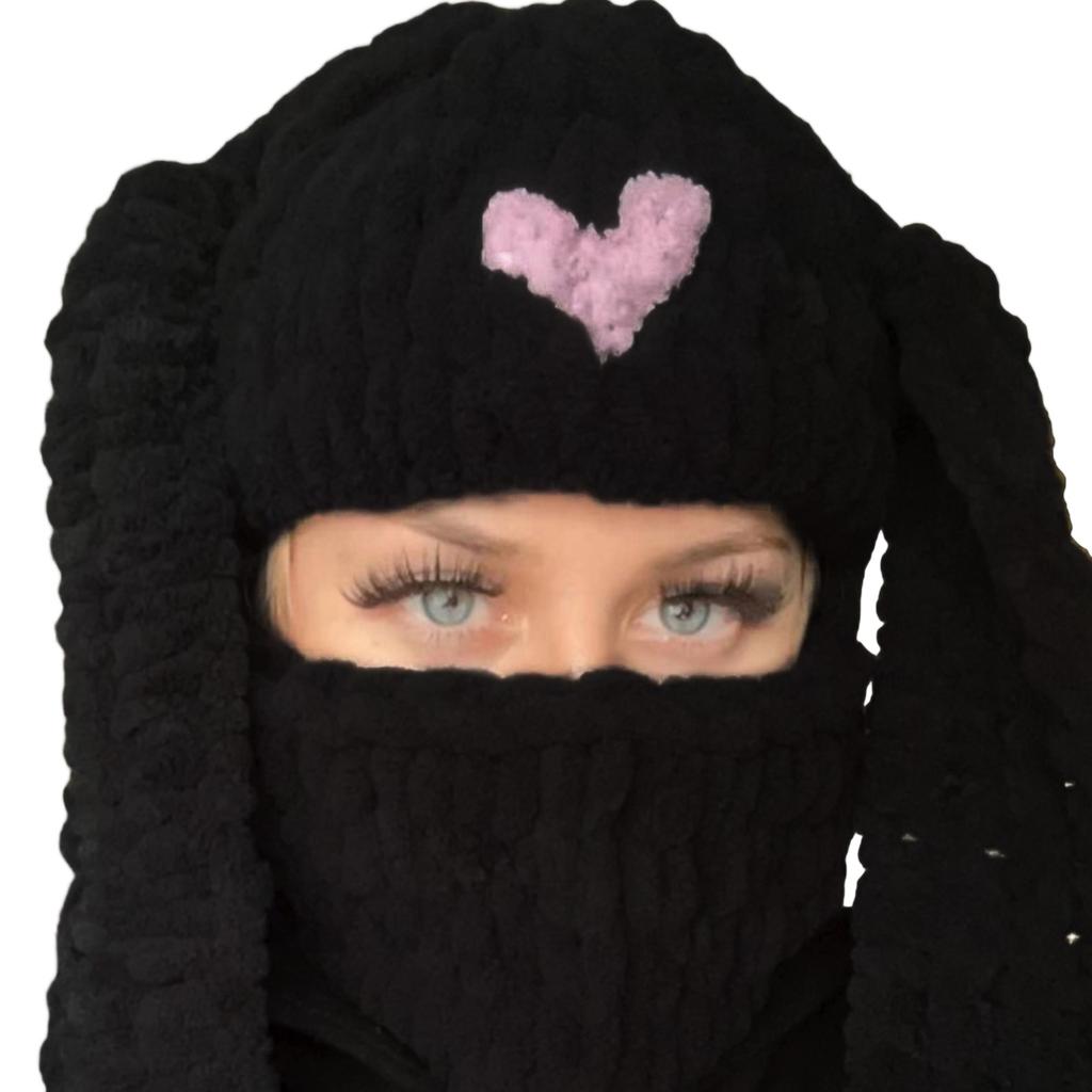Knitting Balaclava Cap for Women Adult Rabbit Ear Beanie Hat Handmade Face Cover Hat Crochet Hooded Hat for Outdoor Ski
