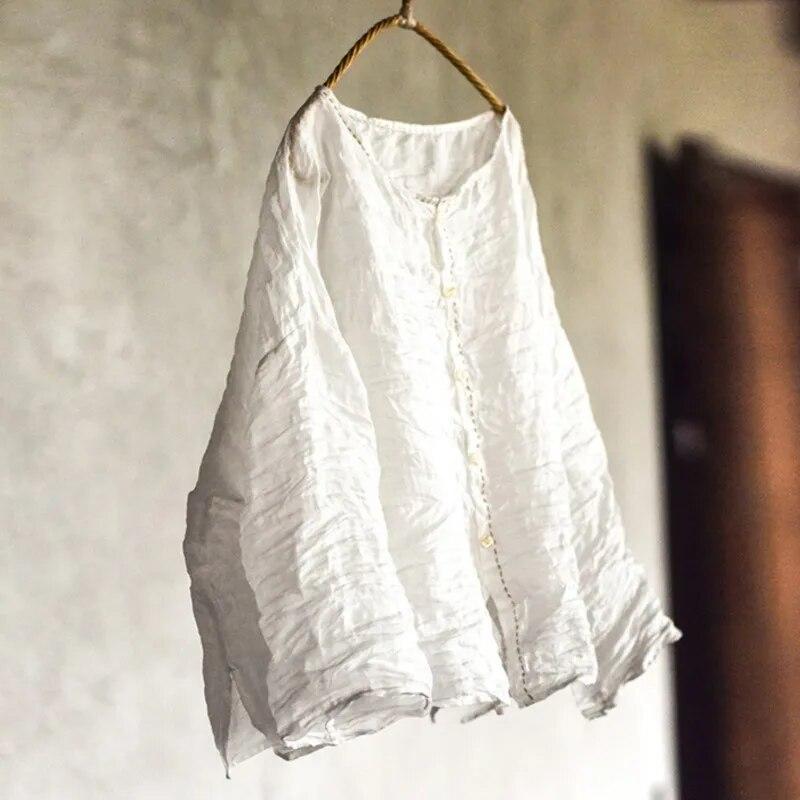 

Жіночі вінтажні вишиванки Johnature Топи з круглим вирізом і довгим рукавом, однотонні жіночі весняні сорочки на ґудзиках One Size білий