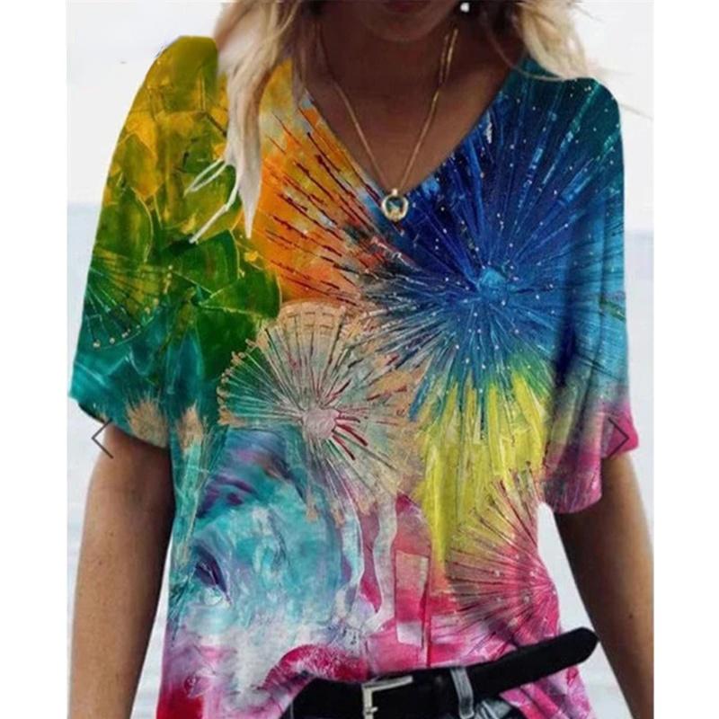 

Fashion Spring Fireworks Print Blouses Short Sleeved V-Neck T Shirts Casual 8XL синій