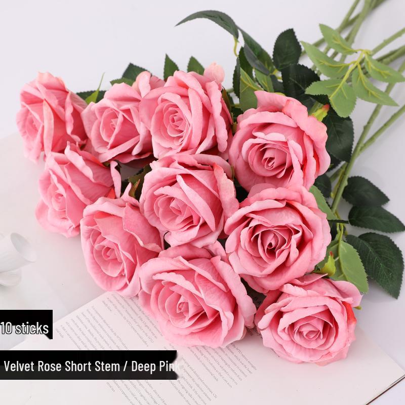Red Velvet Rose Artificial Flowers - 10 Long Stems for Living Room or TV Cabinet Decor