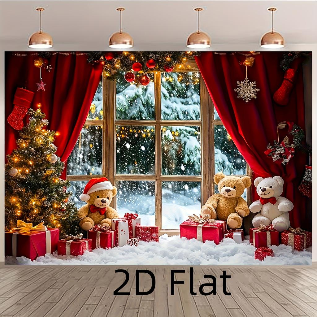 VIKAMA Christmas Teddy Bear Tapestry Snowy Window Gifts Wall Hanging Winter Holiday Backdrop Home Party Decor