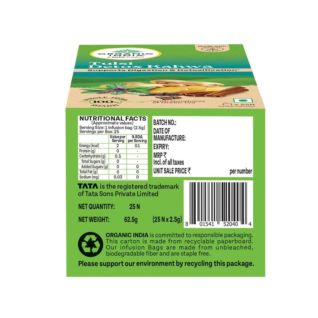 ORGANIC INDIA Tulsi Detox Kahwa Tea Bags 25  | Cleanse, Improve Digestion & Refreshing Herbal Tea