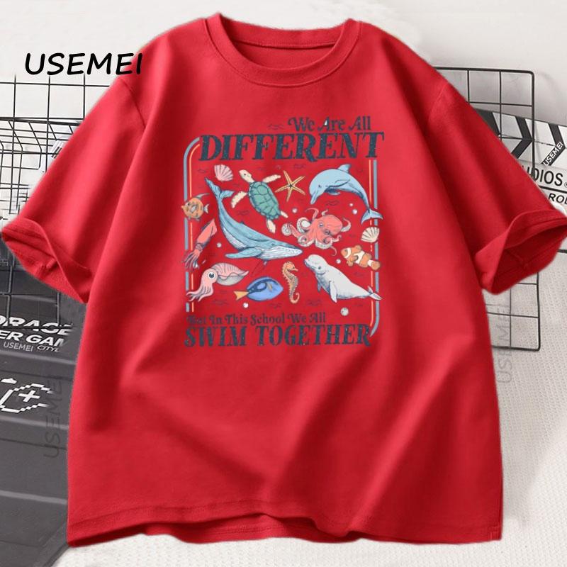 We Are All Different Swim Together T Shirt Unisex Women Teacher TShirt Back To School Tshirt Ocean Animals Tee Loose Clothing S