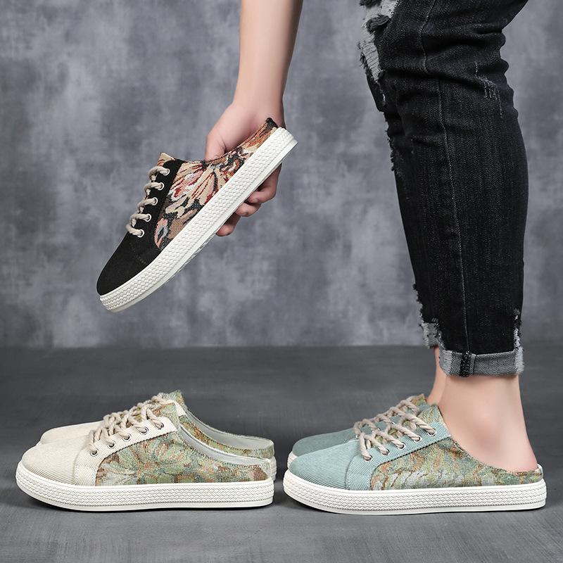 Men's shoes summer printed slippers soft sole comfortable sandals light breathable casual shoes lazy one pedal single shoes