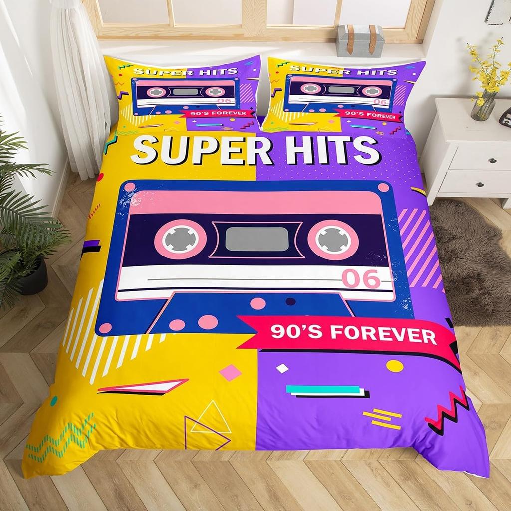 80er 90er Bettbezug Full Vintage Kassette Schallplatte Memphis Bettwäsche-Set Hippie Musik Bettdeckenbezug Geometrisches Bettset