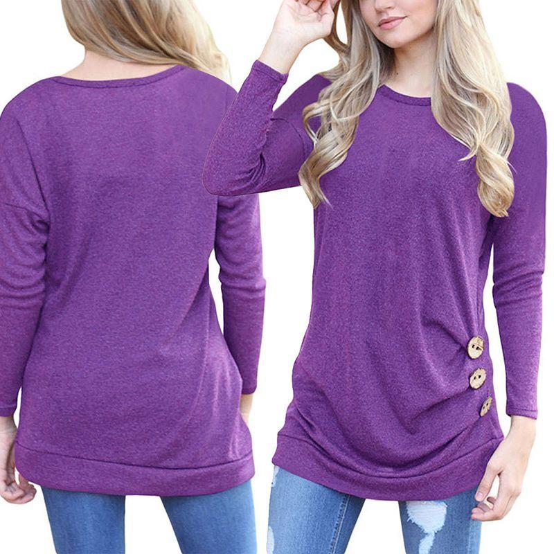 Fashion Women Long Sleeve Casual Blouse Stylish Tunic With Brown Button Accents