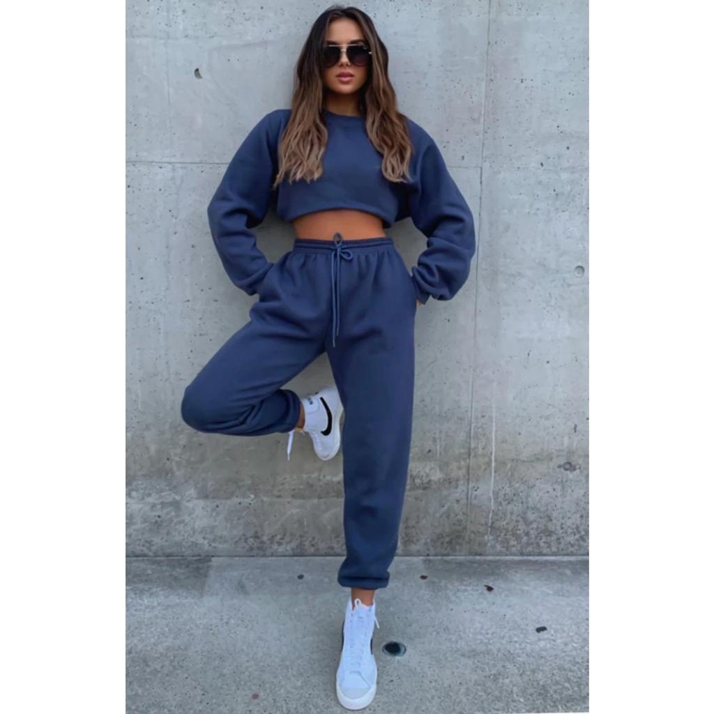 Autumn and Winter Solid Color Round Neck Pullover Long Pants Women's Fashion Casual Long Sleeved Sweatshirt Set