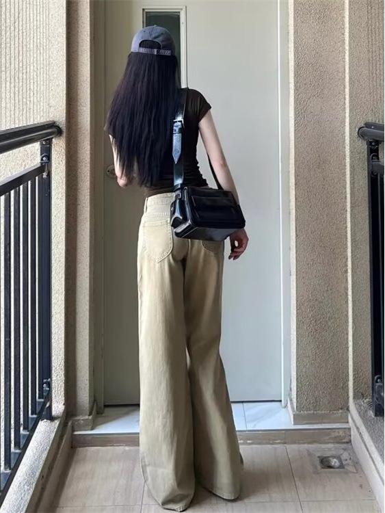 Retro Khaki Women's Low Waist Wide Leg Bell Bottom Jeans