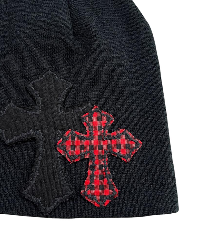 SK8ER ROCK Double Cross Patchwork Beanie ((Black))