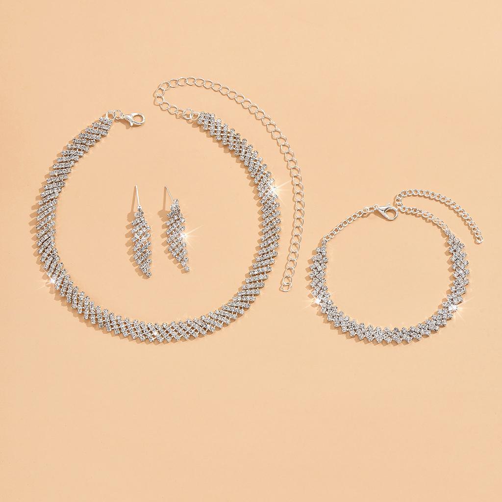 Women's Fashion Geometric Inlaid Zircon Necklace Earrings Bracelet Zircon Set Wedding Party Festival Gift