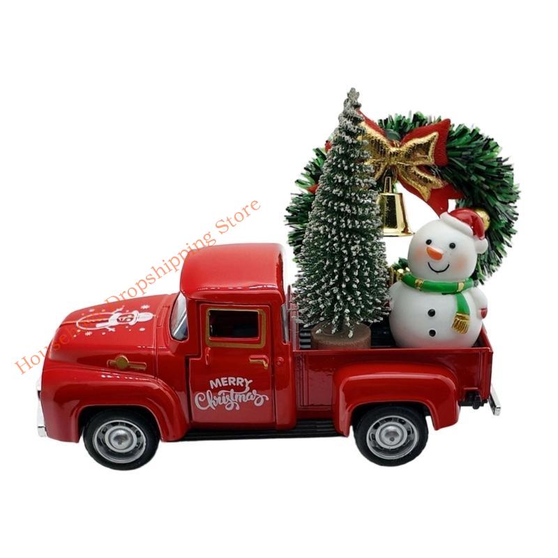 Christmas Farmhouse Truck Decor,Christmas Decorations for Home Holiday Metal Pickup Truck Car Model with Wreath/Tree