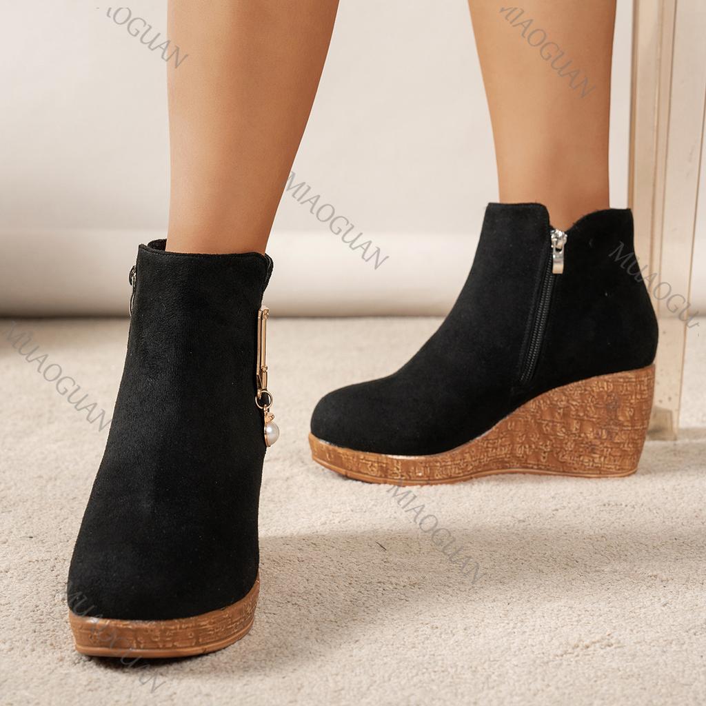 Kurze Stiefel Wildleder Herbst Winter Neu Seitenreißverschluss Keilabsatz Mode Damenschuhe Freizeit Schwarze Plateau Hohe Absätze Stiefeletten