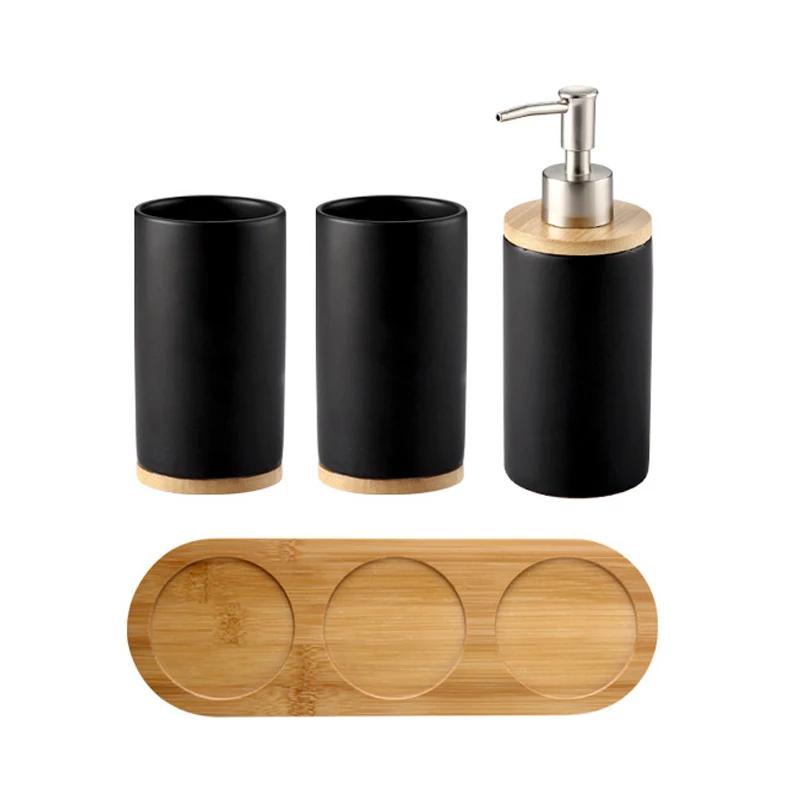 Toothbrush Holder Cup Ceramics Tooth Brush Organizer Nordic Style Bathroom Accessories Set with Wood Base Bathroom Space Saving