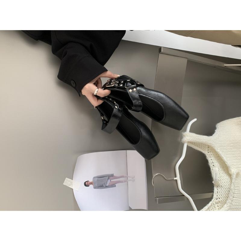 Metal Rivet Belt Buckle Mary Jane Single Shoes Women s Retro Square Head Flat Ballet Shoes Trendy Women s Shoes 35