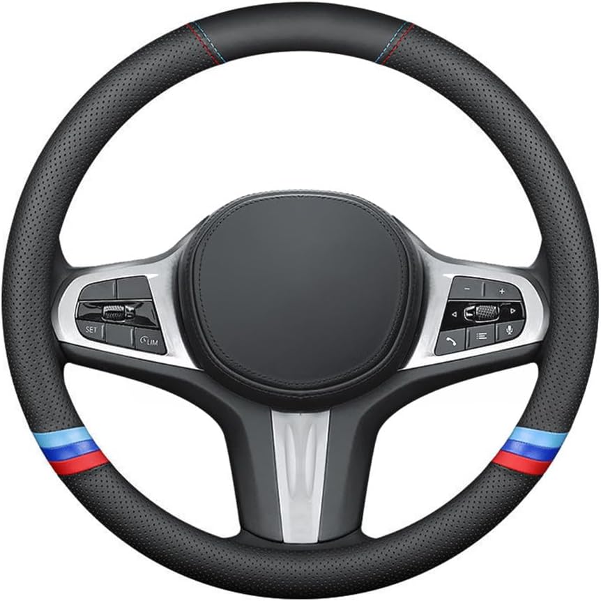 New Nappa Leather Car Steering Wheel Cover, Comfortable, Non-Slip, Sporty Style. For BMW Car Steering Wheel Covers. Black And Blue