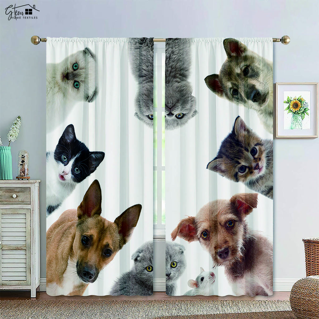 Cartoon Animal Curtains Pet Cat Dog Lion Leopard Elephant Giant Panda Fox Monkey Rabbit Penguin Whale Children's Printed Curtain