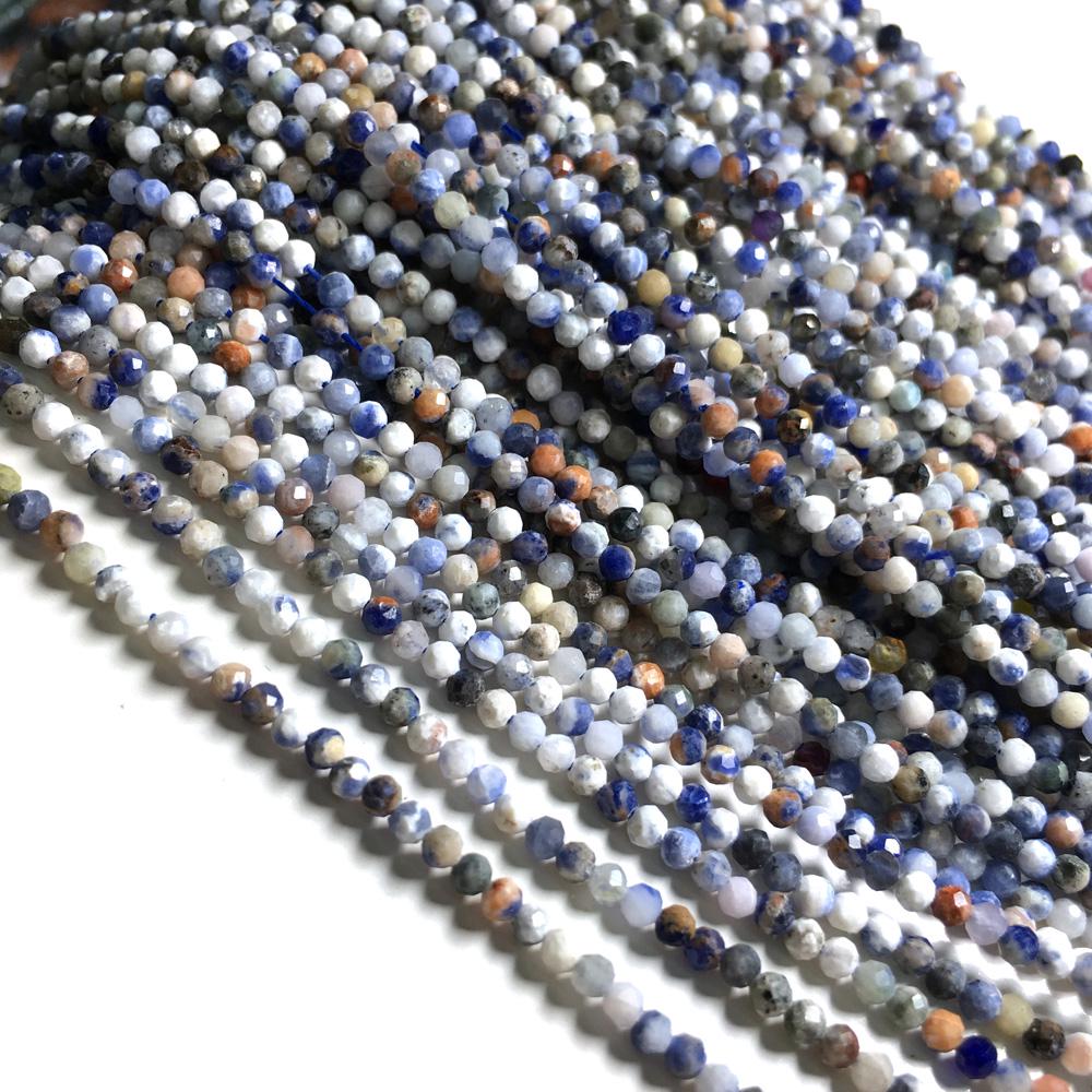 1String, Faceted Natural Stone Beads, 2mm, 3mm Small Round Turquoise Tourmaline Obsidian Gems Loose Spacer Beads for Jewelry Making DIY Crafts, 38cm