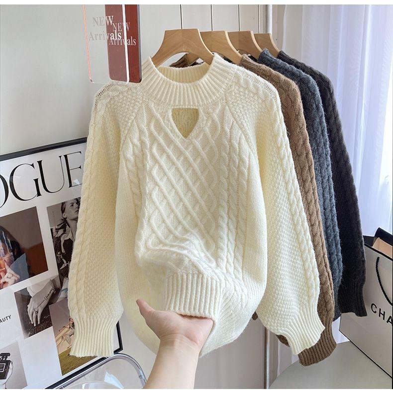 Hängender Hals gebratener Teig Twist Pullover Frauen 2022 Herbst und Winter lose weiche wachsartige Retro-Design Strickwaren Pullover Pullover Top